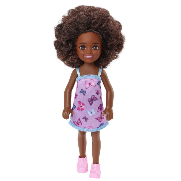 This 5.25-inch (13.5 cm) Chelsea doll is super-cute in a purple dress with an adorable butterfly print and light-blue trim.