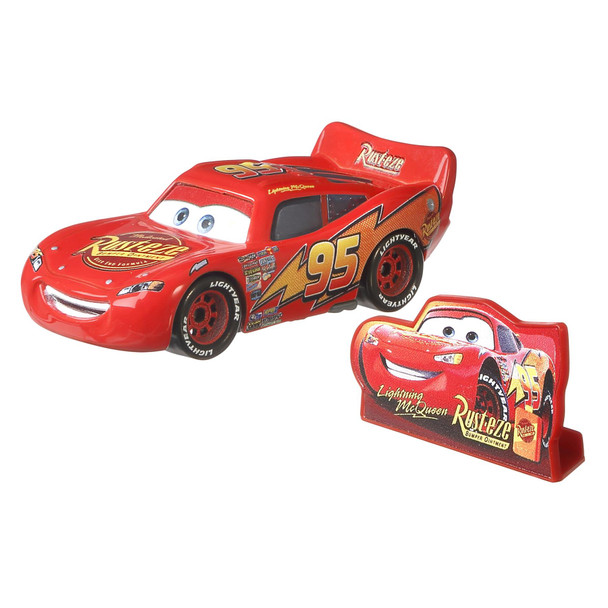 As seen in the original movie Cars, Lightning McQueen comes with Rust-eze Sign accessory


