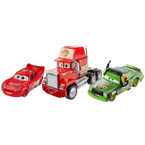 You'll receive the following characters in this pack: Cars 3 Mack, Cars 3 Lightning McQueen, and Chick Hicks with Headset.