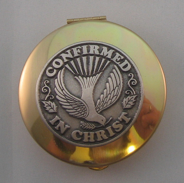 Round Brass Rosary Box - Confirmed in Christ w/ Dove