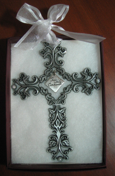 First Holy Communion Pewter Filigree Wall Cross - White Ribbon, 5"