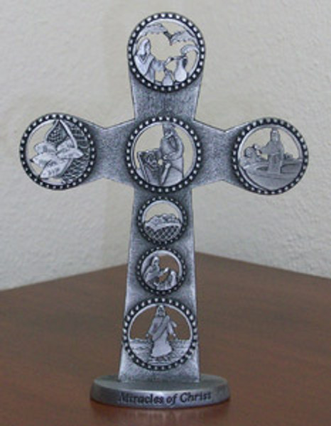 Miracles of Jesus Pewter Tabletop Cross - 5"