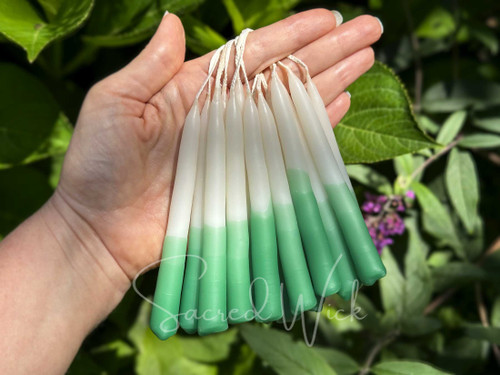 Hand holding several pairs of white and green ombré chime candles looped over a finger, showcasing their handcrafted beeswax texture and color in dappled sunlight with lush greenery in the background.