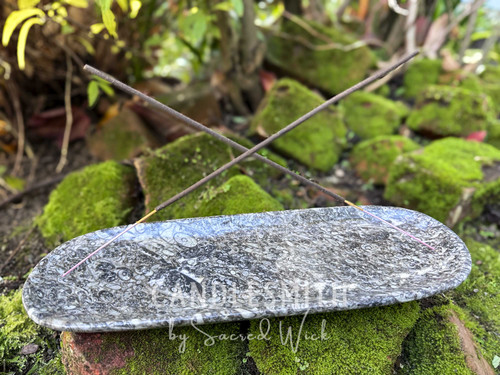 Orthoceras fossil double stick incense burner with two incense sticks resting on moss-covered bricks, shown from the front to display fossil inlay and tray depth.