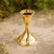 Polished brass taper candle holder with flared candle cup, sculpted stem, and decorative circular base, shown individually.