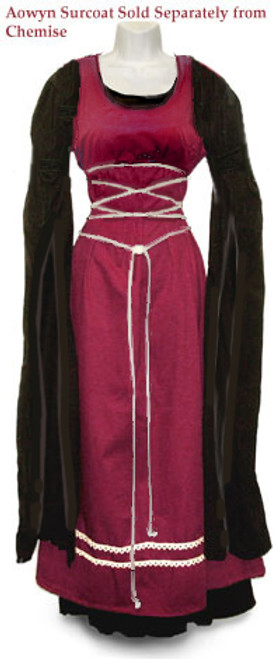 Aowyn Surcoat in Burgundy worn with an Aowyn Chemise