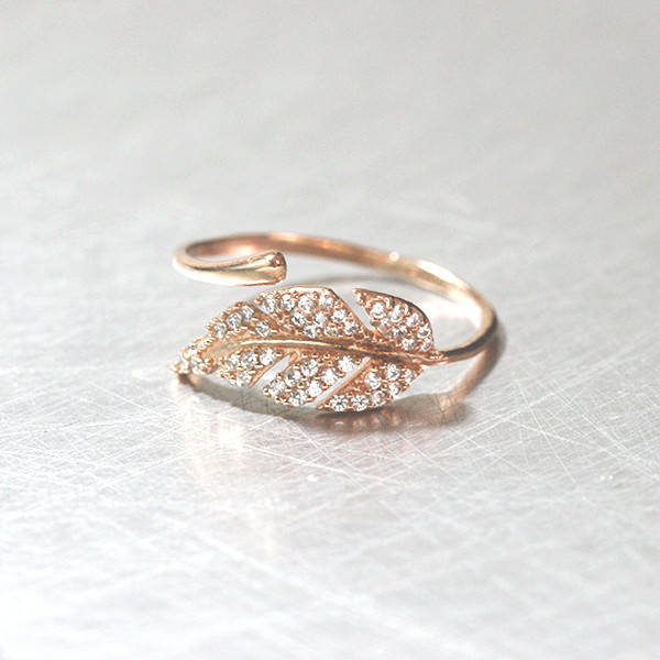 Rose Gold CZ Olive Leaf Bypass Ring Sterling Silver