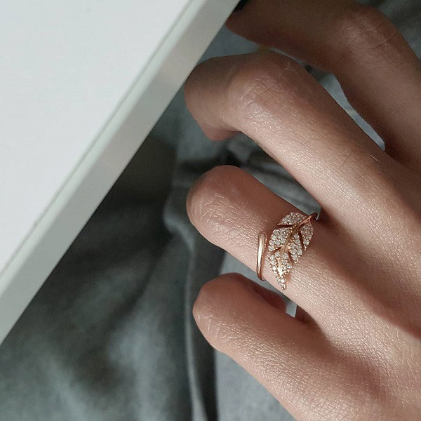 Rose Gold CZ Olive Leaf Bypass Ring Sterling Silver