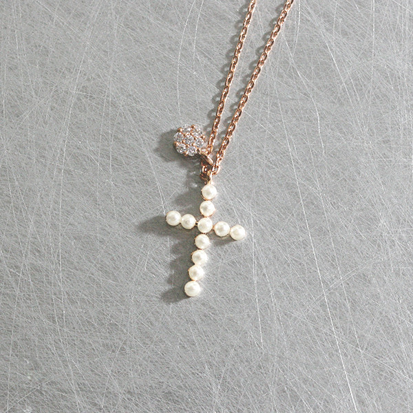 Rose Gold Pearl Cross Charm Necklace 