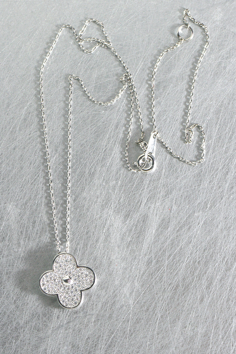 White gold plated pave clover necklace Clearance
