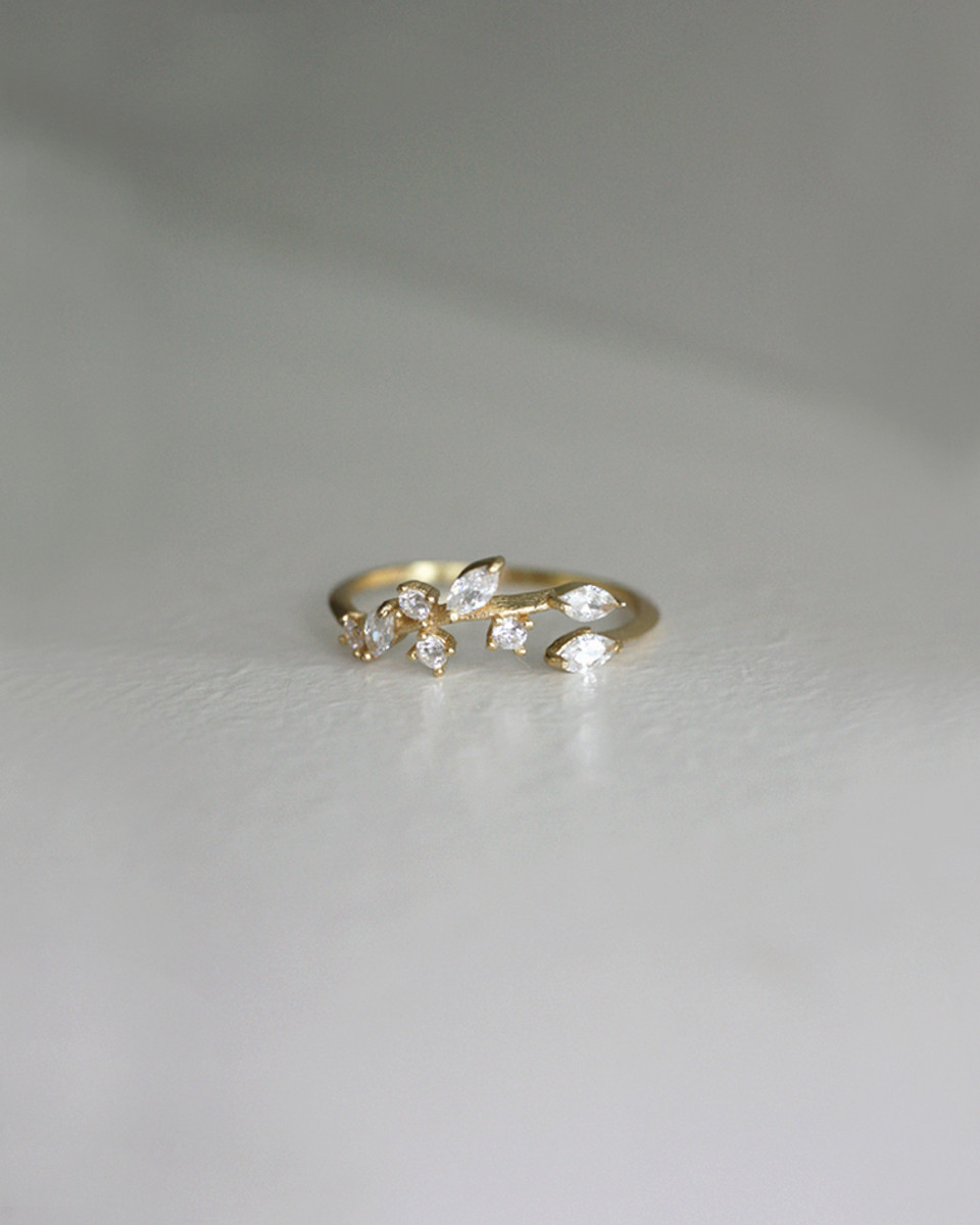 Yellow Gold CZ Olive Leaf Thin Ring in Sterling Silver