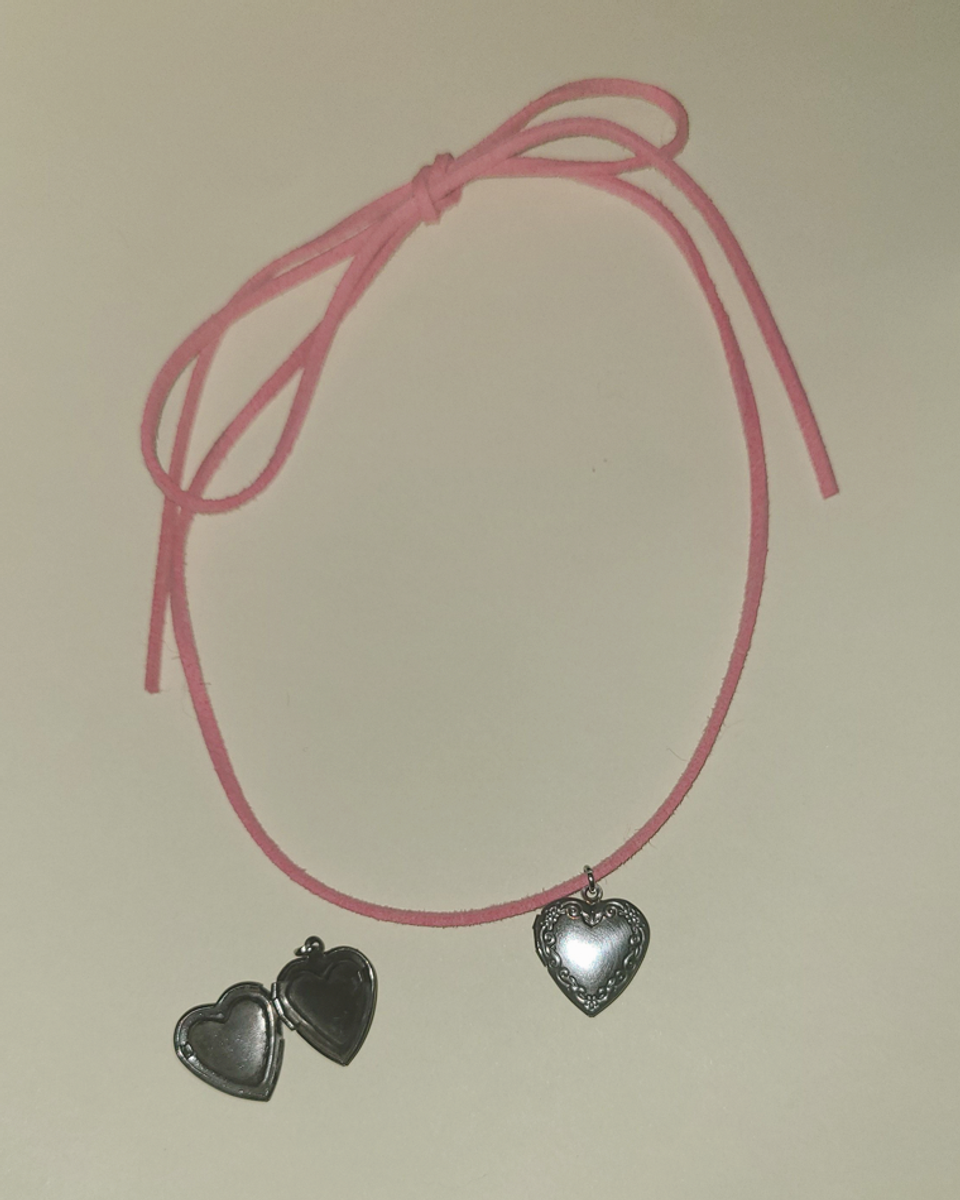 Small Heart Rosette Locket Cord Bracelet in Pink Suede