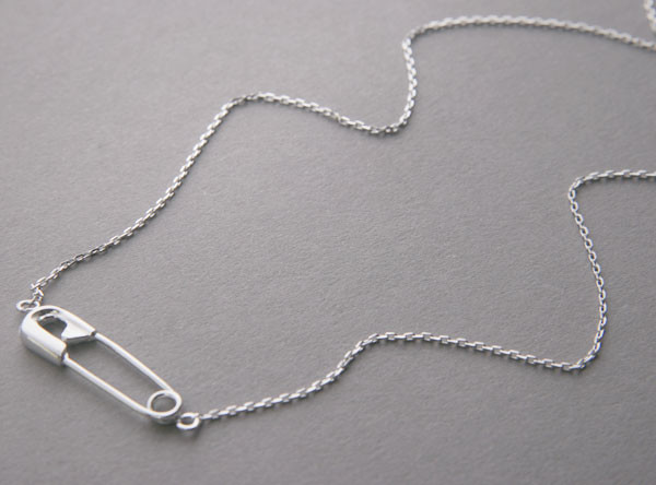 White Gold Safety Pin Necklace Sterling Silver