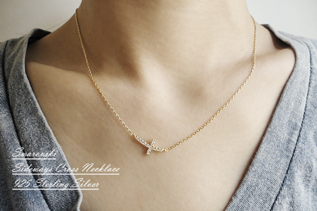 Diamond Curved Sideways Cross Necklace in 9ct Rose Gold | Gold Boutique