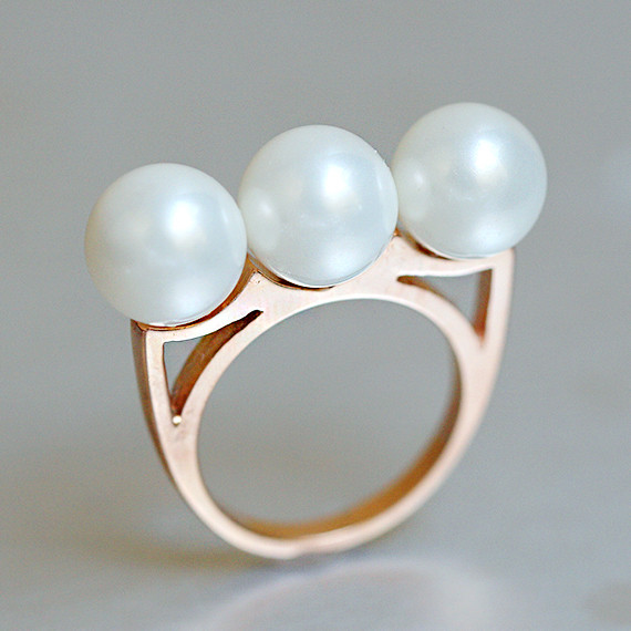 Rose Gold Three Shell Pearl Bar Ring Sterling Silver 