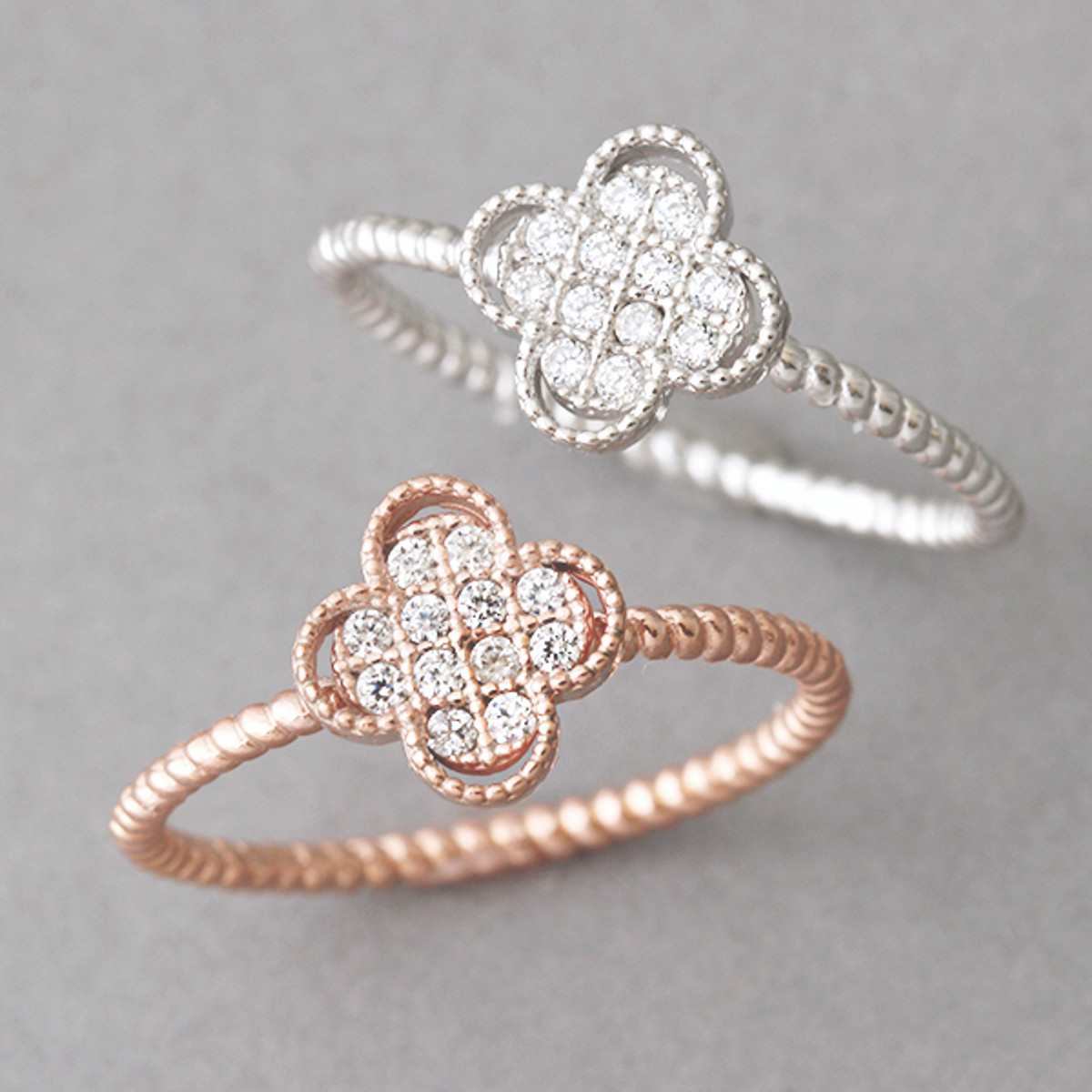 CZ Rose Gold 4 Leaf Clover Ring Sterling Silver 