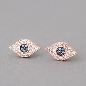 Pave Sapphire Swarovski Evil Eye Stud Earrings Rose Gold