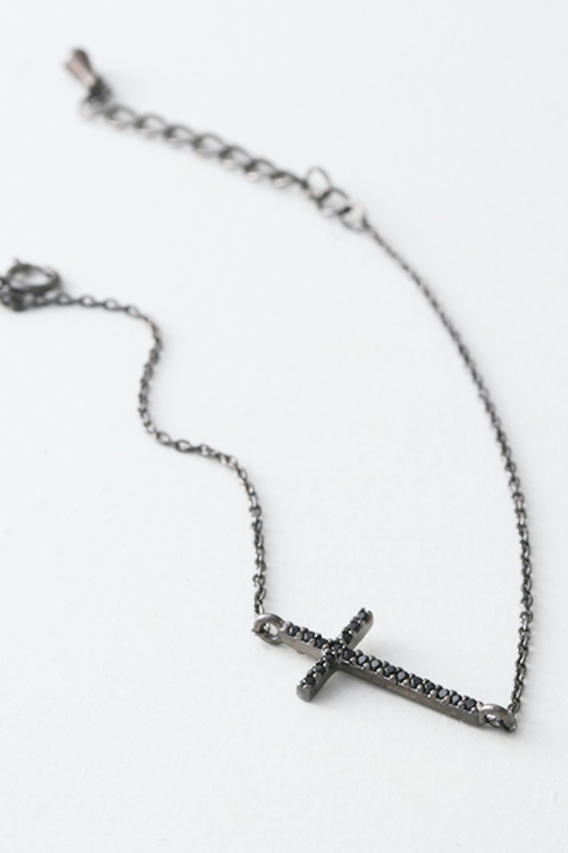 Black CZ Sideways Cross Bracelet Sterling Silver - kellinsilver.com