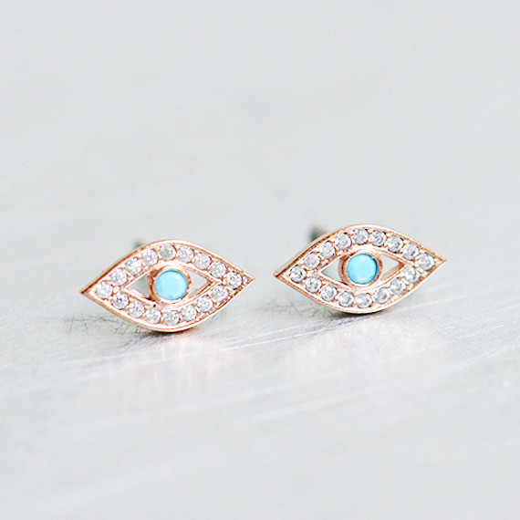 Tiny Turquoise Swarovski Rose Gold Evil Eye Studs Earring Sterling