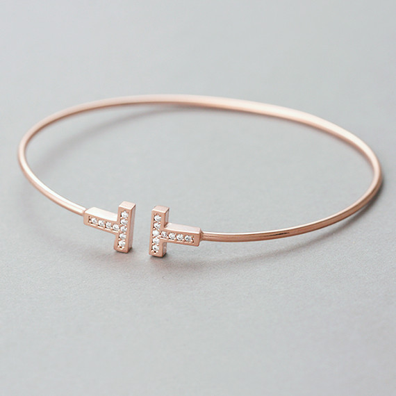 CZ Rose Gold T Bar Cuff Bracelet Sterling Silver
