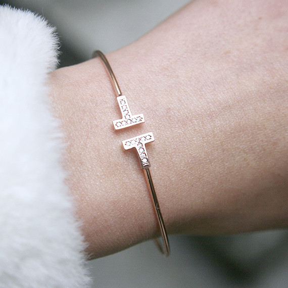 CZ Rose Gold T Bar Cuff Bracelet Sterling Silver