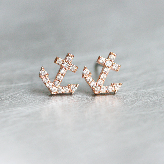 Swarovski Micro Pave Tiny Anchor Stud Earrings Rose Gold