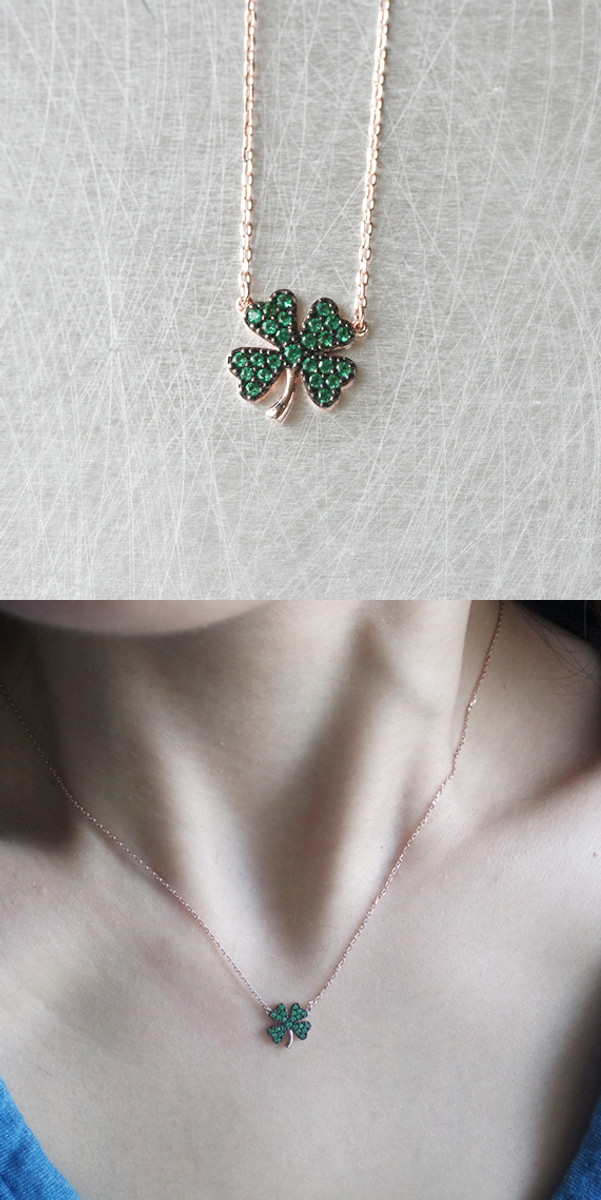 Wax seal green clover necklace. Tiny four leaf clover organically formed by  hand with recycled silver