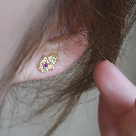 Sterling Silver Ruby Red Hamsa Stud Earrings God - kellinsilver.com