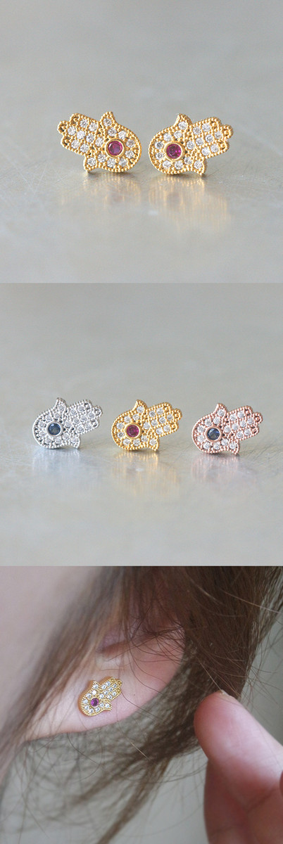 Sterling Silver Ruby Red Hamsa Stud Earrings God - kellinsilver.com