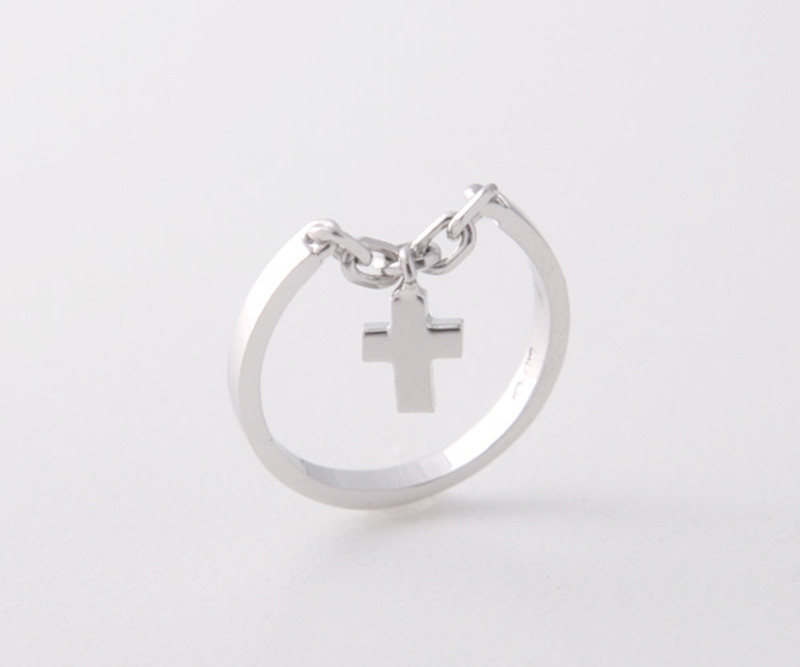 White Gold Cross Charm Chain Ring Sterling Silver