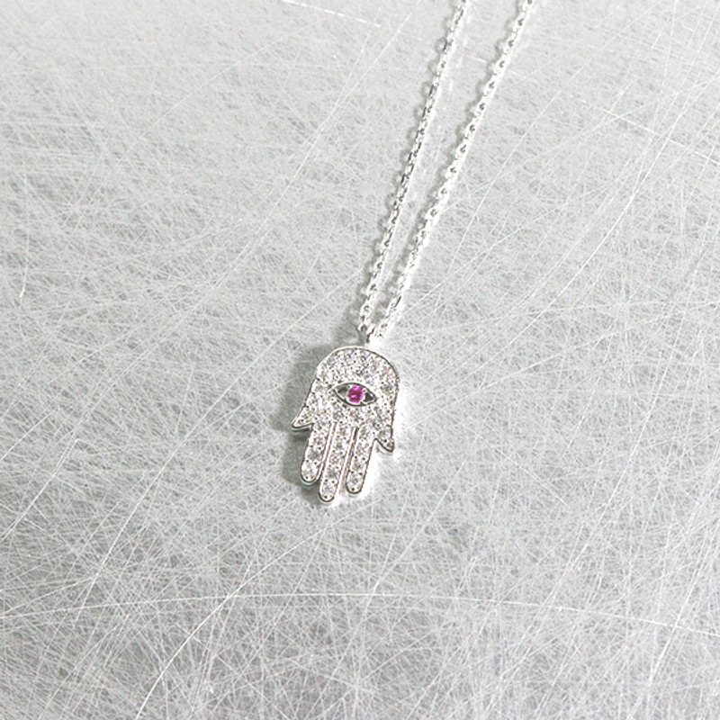 White Gold Ruby Swarovski Hamsa Evil Eye Necklace Sterling Silver from kellinsilver.com