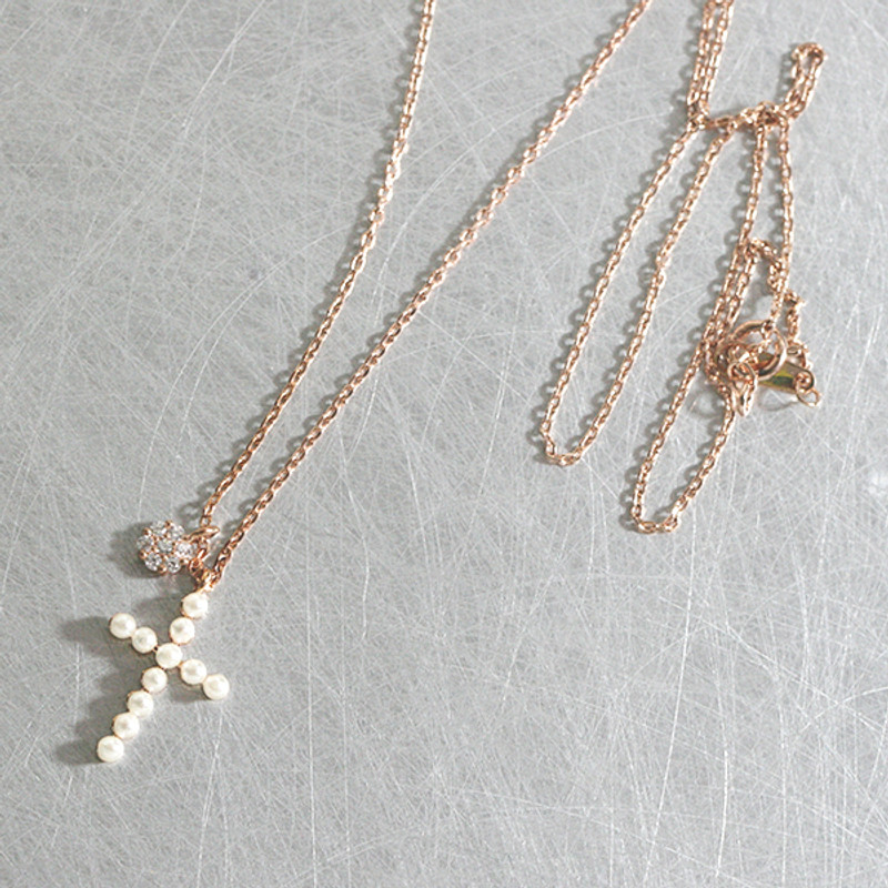 Rose Gold Pearl Cross Charm Necklace Sterling Silver from kellinsilver.com