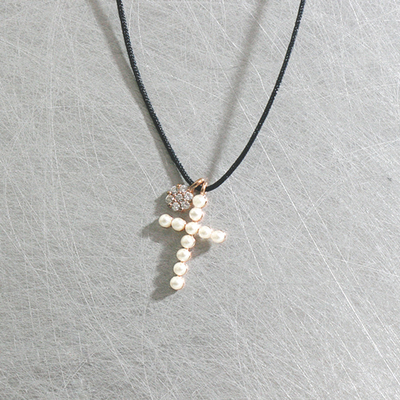 Rose Gold Pearl Cross Charm Black Cord Necklace from kellinsilver.com
