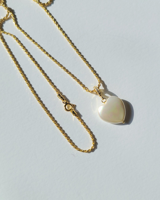 Pearly Heart Gold CZ Rondelle Rope Chain Necklace on kellinsilver.com