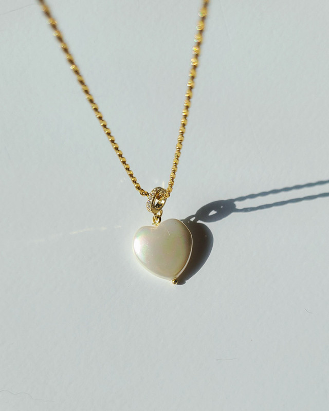 Pearly Heart Gold CZ Rondelle Rope Chain Necklace on kellinsilver.com