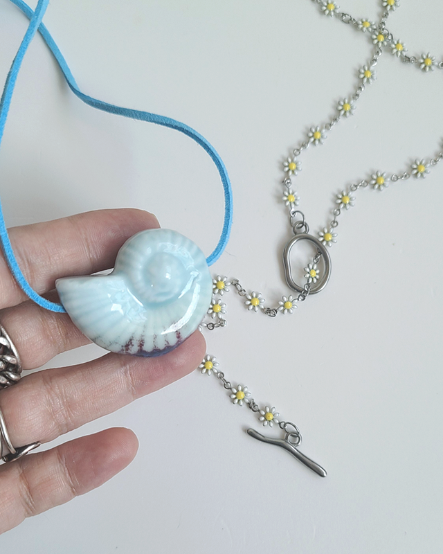 Ceramic Blue Ammonite Necklace in Sky Blue Suede from kellinsilver.com