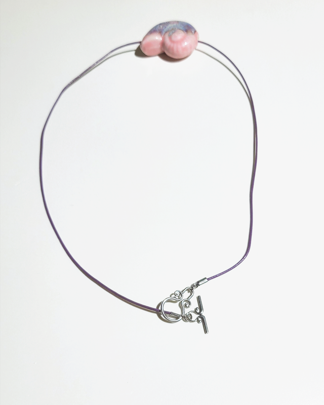 Ceramic Pink Ammonite Necklace in Purple Leather on kellinsilver.com