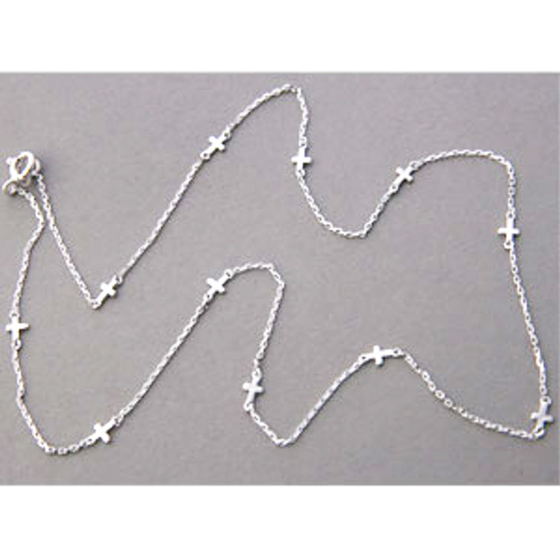 White Gold Sideways Cross Chain Necklace Sterling Silver