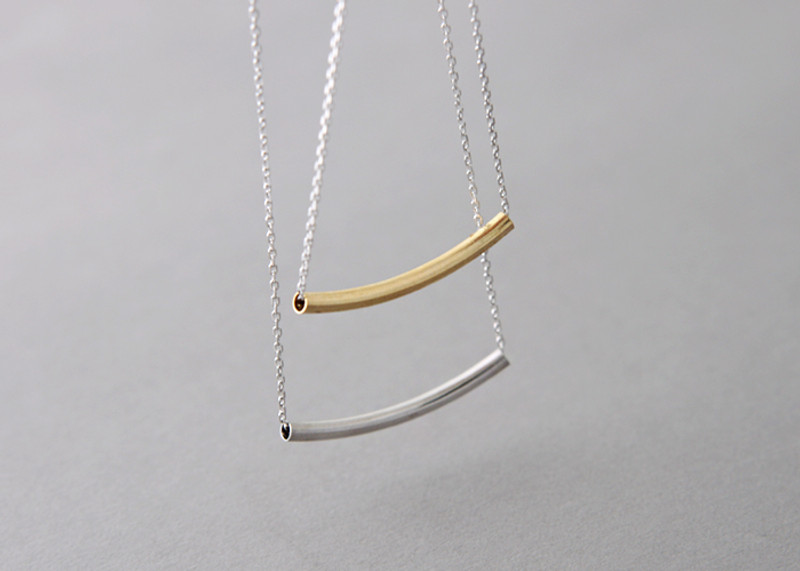 Yellow Gold Curved Bar Necklace Sterling Silver