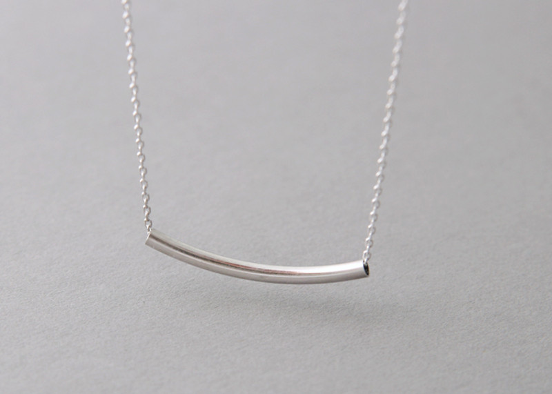 White Gold Curved Bar Necklace Sterling Silver