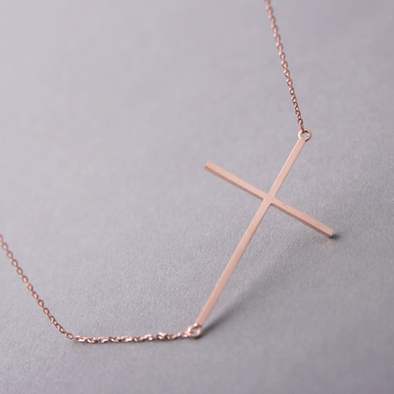 Rose Gold Sideways Cross Necklace Sterling Silver 