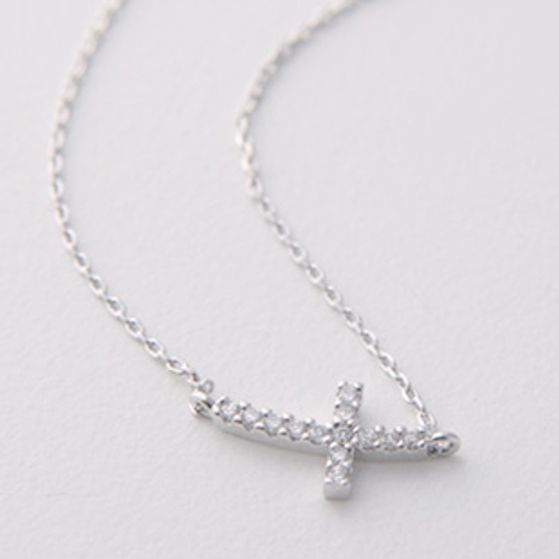 White Gold Swarovski Curved Sideways Cross Necklace Sterling Silver