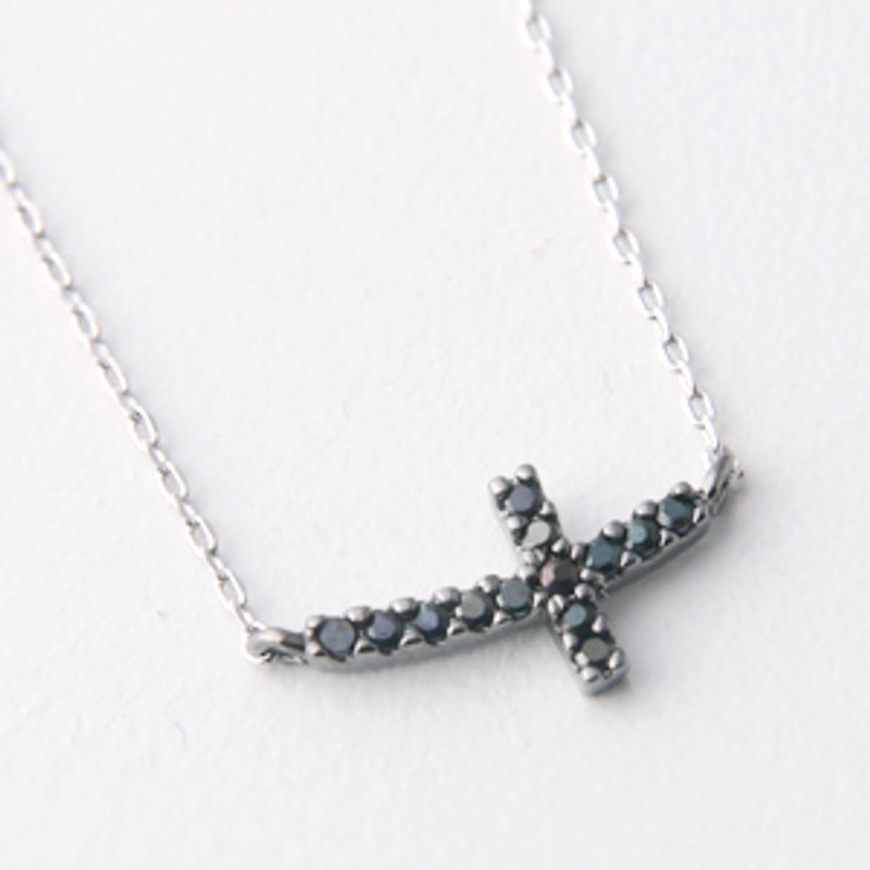 Black Swarovski Curved Sideways Cross Necklace Sterling Silver