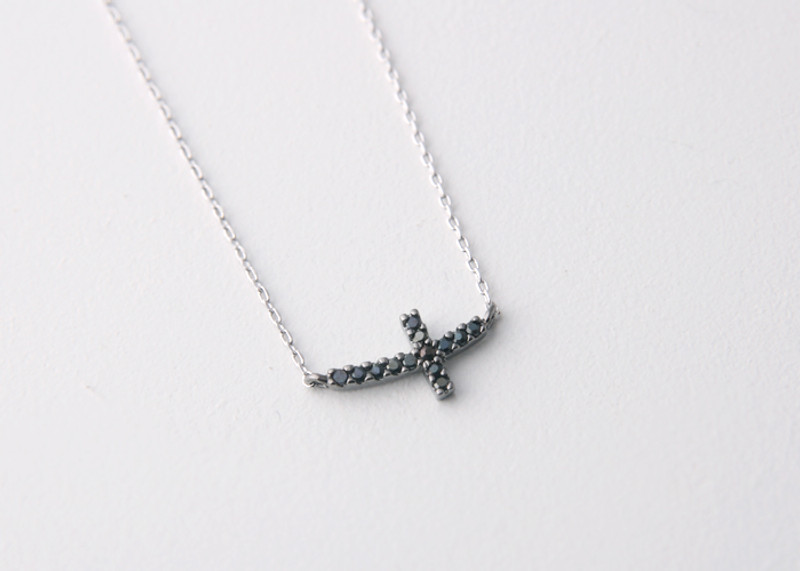 Black Swarovski Curved Sideways Cross Necklace Sterling Silver