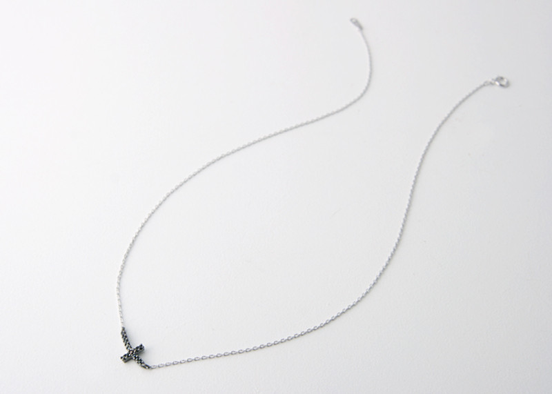 Black Swarovski Curved Sideways Cross Necklace Sterling Silver