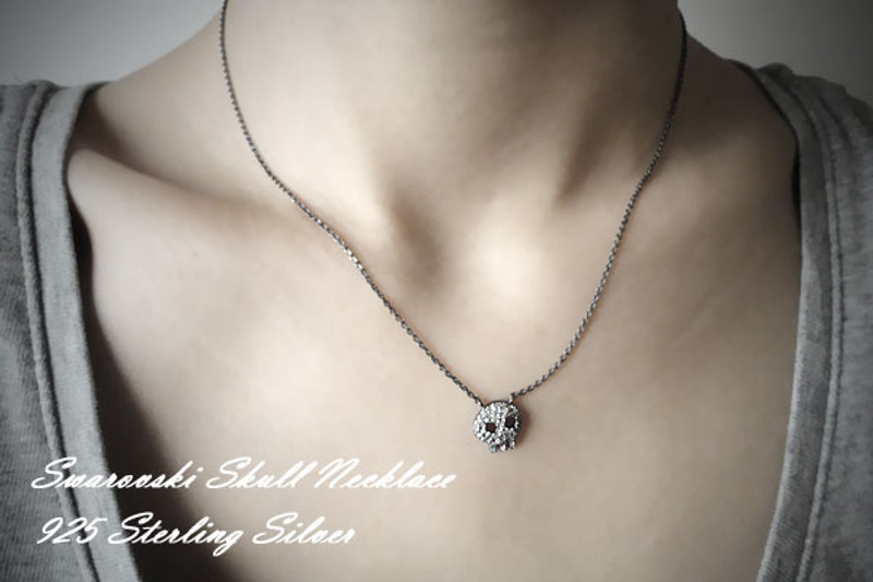 Black Swarovski Skull Necklace Sterling Silver