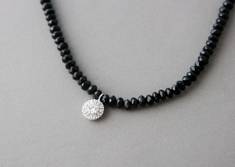 Handcrafted Onyx Bead Necklace with CZ Silver Charm