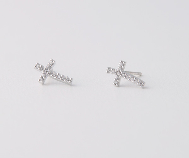 Swarovski Curved Sideways Cross Earrings White Gold