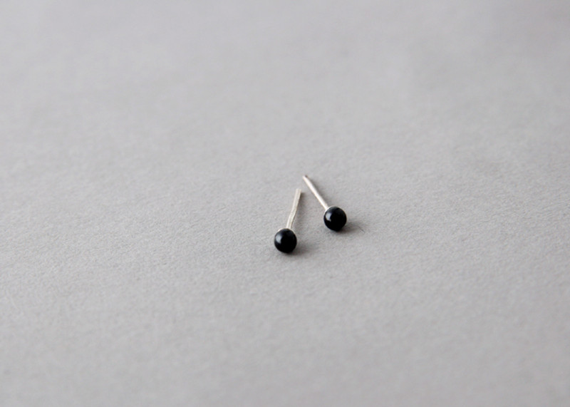 2mm Small Black Onyx Earrings Silver Post