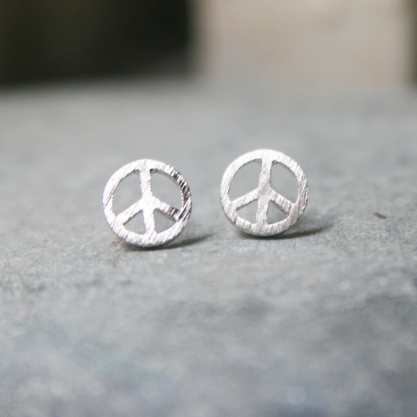 Peace Sign Stud Earrings Silver Post